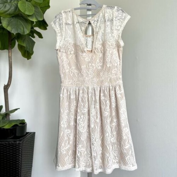 Speechless Women Juniors SZ XL Beige Dress Lace Fit& Flare Stretch - Picture 6 of 11